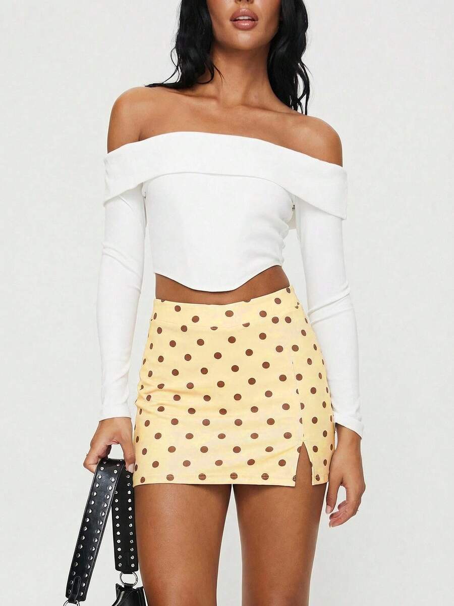 SHEIN BAE Women's Summer Polka Dot Print Pleated Side Slit Hem Casual Mini Skirt,Summer Fashion,Summer Skirt,Going Out ,Casual, Yellow Skirt,Polka Dot - Light Yellow - View 1