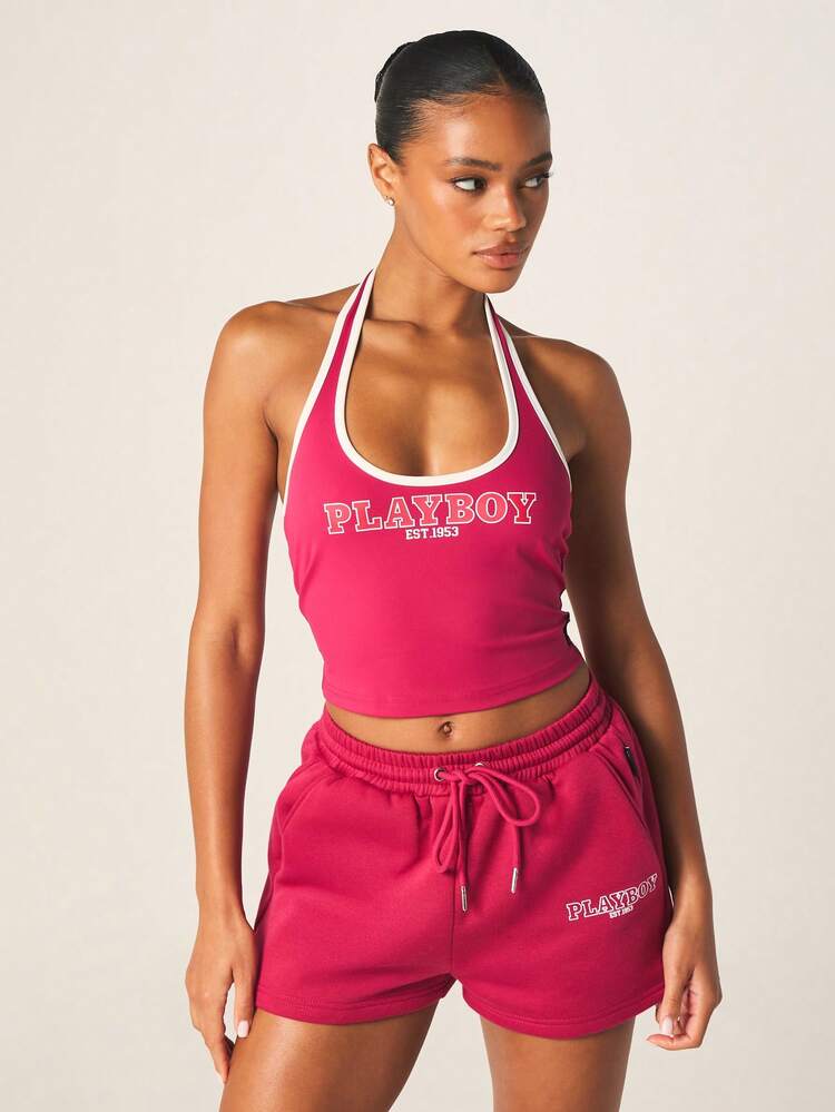 Missguided x Playboy Women's Pink Halter Neck Tank Top With White Contrast Binding And Logo Print For Summer Casual Streetwear