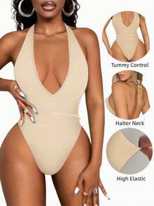 Sirith Seamless Knit Deep V-Neck Backless Halter Bodysuit - Camel - View 3