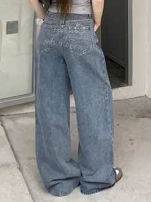 FRIFUL Women's Cotton Blend Back Panel Rhinestone Embellished Casual Straight Leg Jeans - Blue - View 3