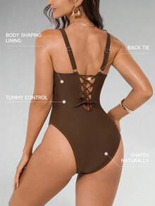 Shapewave 1件装女士纯色金属装饰连体泳衣，适合休闲、海滩、泳池等场合。 - 棕色 - 查看 2