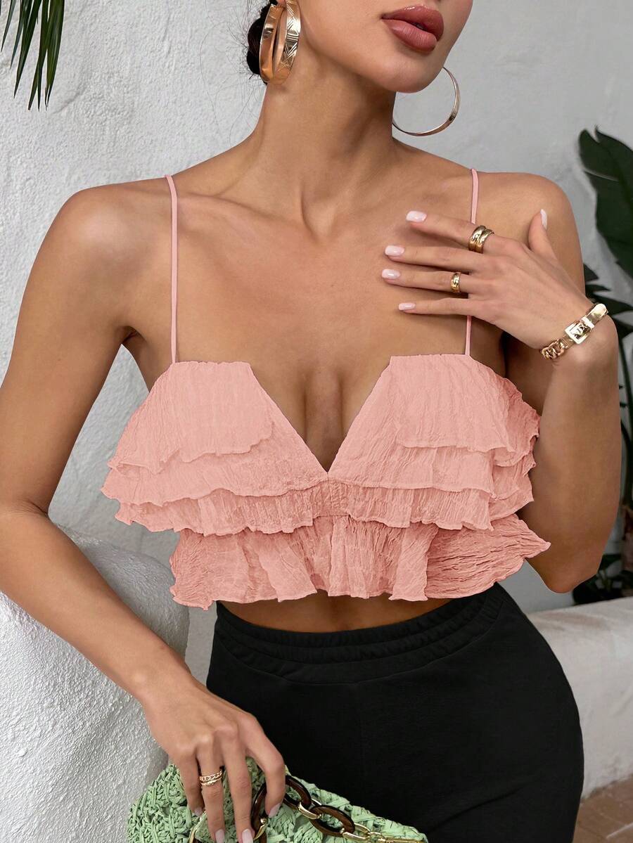 SHEIN SXY 女士纯色荷叶边下摆时尚百搭约会外出吊带背心 - 粉色 - 查看 1