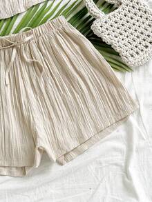 Soleia Bộ đồ 2 món dành cho nữ, kiểu dáng thường ngày, màu trơn, gồm áo hai dây và quần short, thích hợp cho kỳ nghỉ. - Màu Khaki - Xem 3