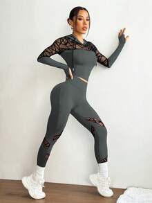 Easithlete 女士抽绳连帽网眼长袖上衣和高腰紧身打底裤休闲运动套装 - 深灰色 - 查看 6