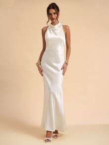 SHEIN BAE Women's White Satin Backless Elegant Mermaid Hem Dress, Graceful Formal Dress, Holiday Dress, Bridesmaid Dress, Birthday Party Dress, Graduation Dress - White - View 2