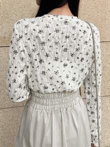 FRIFUL 女士圆领碎花修身长袖上衣 - 白色 - 查看 6