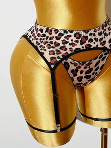 5件套女士豹纹印花加厚文胸、性感丁字裤、吊袜带和丝袜内衣套装 - 彩色 - 查看 9