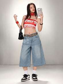 SHEIN ICON 女士休闲宽松七分阔腿牛仔裤，蓝色 - 淺色水洗藍 - 查看 5