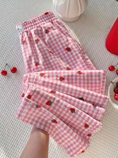Comfortcana Light Pink Plaid Strawberry Embroidered Woven Women's Pants