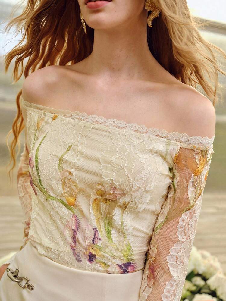 WOMEN'S OFF THE SHOULDER ROMANTIC LACE PRINT FLARE SLEEVE BLOUSE, SPRING/SUMMER