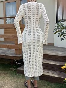 Livesso 女士开襟针织喇叭袖单排扣长款开衫，时尚海滩度假风，春夏秋季 - 白色 - 查看 2