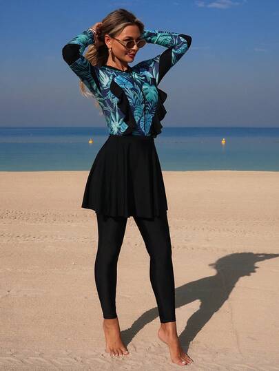 Swim Mulvari Conjunto de burkini de 3 piezas para mujer, con manga larga de estampado de patchwork, estampado digital de hojas tropicales, top corto con manga raglán con decoración de volantes y pantalones largos