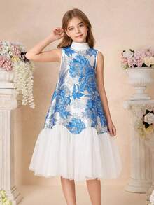 Pitira Kids Tween Girl Blue Woven Textured Floral Jacquard Elegant Layered Mesh Hem Sleeveless A-Line Dress, Blue Kids Formal Dress Blue Flower Girl Dresses Tween Girl Party Dress Blue And White Girls Dress Tween Blue And White Dress Blue Flower Girls Dress,Kids - Blue and White - View 3