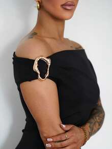 SAYEHFBABY 女士优雅褶饰露肩金属装饰修身派对连衣裙 - 黑色 - 查看 3