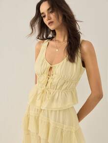 Gaivellea Women's Spring/Summer French Elegant Romantic Outfit, Pale Yellow Tie-Front Shirt And Loose Ruffled Maxi Skirt 2-Piece Set, Suitable For Outings And Dates - Light Yellow - View 5