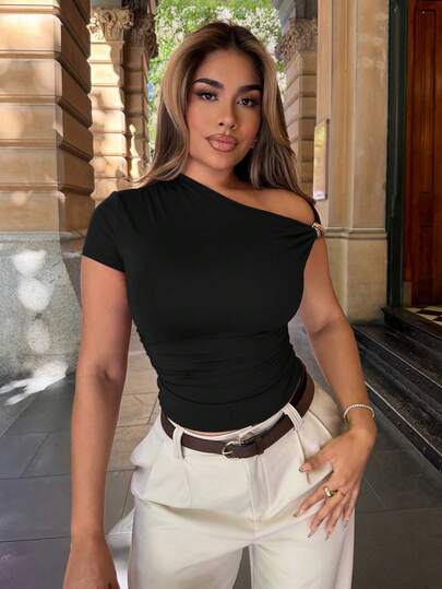 Maria Perezxox 女士性感优雅简约棕色不对称领口休闲百搭上衣