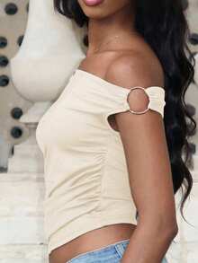 Mima John Blusa asimétrica de hombro oblicuo para mujeres de unicolor con fruncido, ideal para el verano - Albaricoque - Ver 3