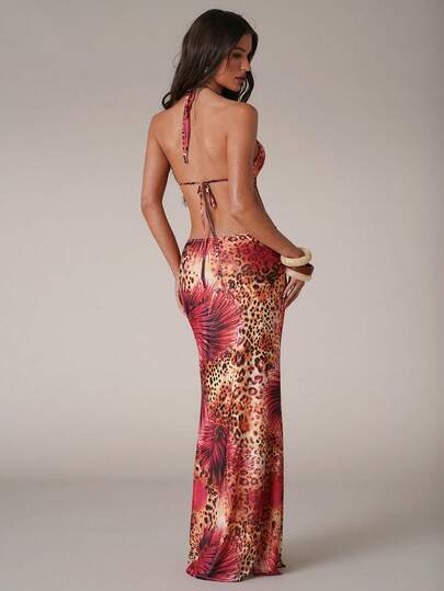 SHEIN BAE 女士休闲度假镂空腰部印花连衣裙，适合休闲度假、海滩度假、姐妹聚会、周末休闲、休闲外出、沙滩派对、泳池派对等场合，玫瑰红印花连衣裙，性感连衣裙，度假连衣裙，露背连衣裙