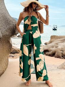 Breezaya 热带植物印花露背短款上衣+松紧腰直筒裤两件套，春夏款 - 墨綠色 - 查看 6