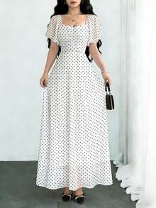 Modelyn 波点印花时尚方领短袖设计女士简约长连衣裙，夏季收腰优雅长裙，适合夏季度假和日常穿着 - 彩色 - 查看 3