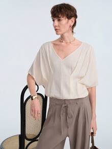 Aalyst Women's Summer Outing, Dating, New Year, Valentine's Day, Easter, Mother's Day, Music Festival, Middle Eastern, Wedding, Elegant, Vintage, Casual, Commute, Romantic, Vacation Linen V-Neck Ruffle Design Fitted Batwing Short Sleeve Bodysuit, Apricot Color - Apricot - View 6