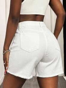 Slaydiva Casual Solid Color Distressed Multi-Pocket Denim Shorts - White - View 2
