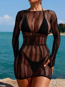 Swim SXY Áo khoác ngoài dài tay màu đen kiểu dáng gợi cảm, khoét lỗ, phong cách nghỉ dưỡng mới năm 2026 dành cho nữ. - màu đen - Xem 4