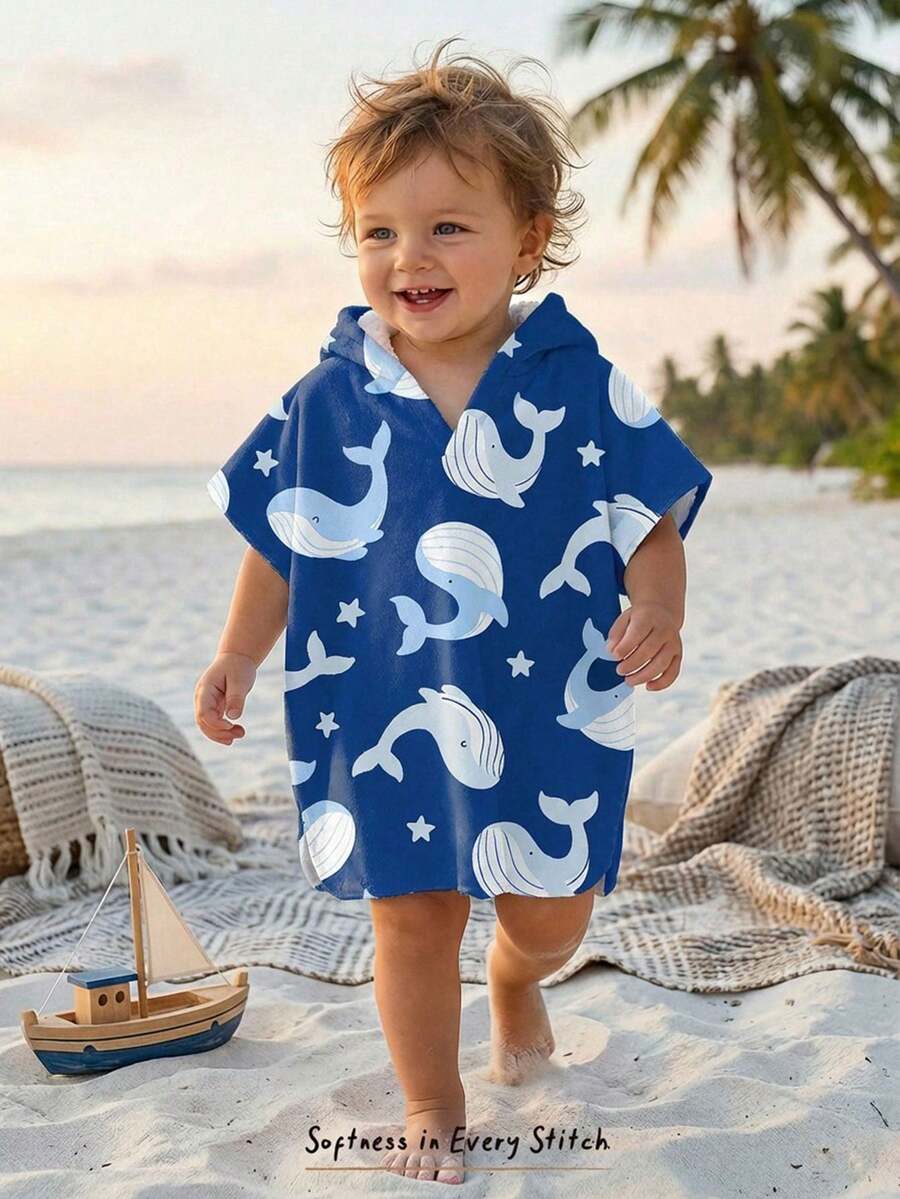 Cozy Pixies Baby Boy Cartoon Pattern Knit Soft Hooded Sleeveless Cover Up,Kids - Navy Blue - View 1