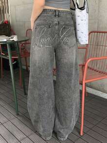 DAZY 女款韓式休閒磨損水洗牛仔褲校園風 - 灰色 - 查看 4