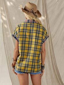 Wildy 波西米亚音乐节美式波西米亚休闲西部乡村复古格子拼接女式基础款短袖衬衫，适合春夏日常穿着，通勤棉质女装，女士休闲装，牛仔乡村装，女士西部装，女士棉质上衣，女士夏季装，女士波西米亚风上衣，女士夏季上衣，波西米亚时尚女装 - 彩色 - 查看 3