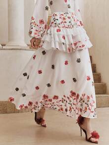 Anewsta Romantic French Floral Embroidery Layered Ruffle Hem High Waist Skirt - White - View 3