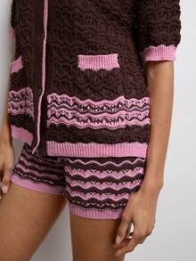 Maija Outfit Deas For Sweater 2 Pieces Set Brown And Pink Women's Cutout Contrast Trim Batwing Sleeve Casual Knit Vacation Outfits Women Summer Beach Holiday Outfits - Brown - View 8