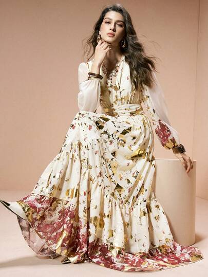 Arave Elegant Vintage Inspired Gold Foil X-Shape Waist Ruffle Petal Sleeve Dress