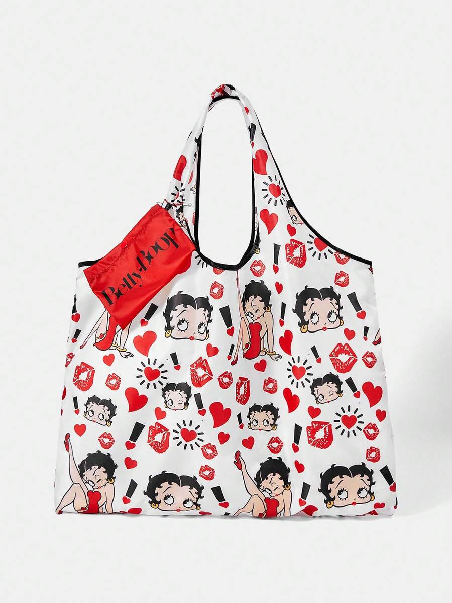 Betty Boop x SHEIN Fashion College Badge Pattern Waterproof Large Capacity Tote Bag - Red on white background - View 1