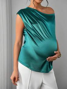 SHEIN Áo thun bầu màu trơn, vai lệch, chất liệu satin thanh lịch, kiểu dáng thời trang phù hợp cho mùa hè/xuân. - màu xanh lá - Xem 8