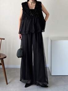 FRIFUL 女士夏季纯色毛绒质感面料拼接透视网纱褶皱宽松休闲百搭无袖两件套 - 黑色 - 查看 3