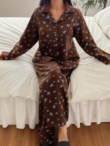 DAZY Floral Textured Chiffon Fabric Loose Women Pajama Set - Brown - View 6