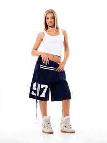 SUMWON WOMEN Navy Knitted Fringe Detail Longline Shorts With White Stripe Waistband And Varsity Number Print - Blue - View 3