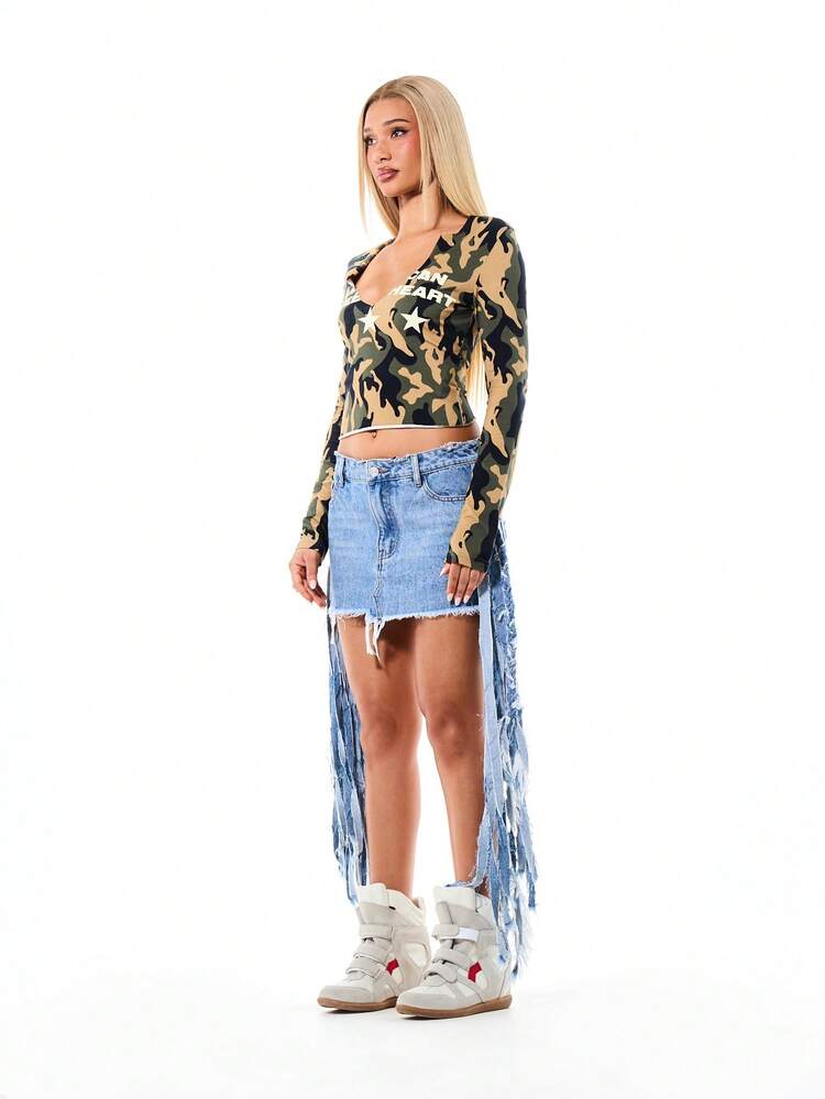 SUMWON WOMEN Long Sleeve Camouflage Crop Top With Star Print