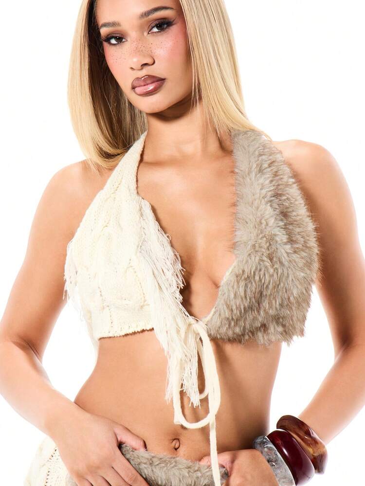 SUMWON WOMEN Cable Knit Faux Fur Halter Top
