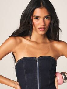 MISSGUIDED Áo quây dài tay bằng vải denim co giãn dành cho nữ, có khóa kéo phía trước, kiểu áo corset không dây vai. - Màu xanh lam - Xem 5