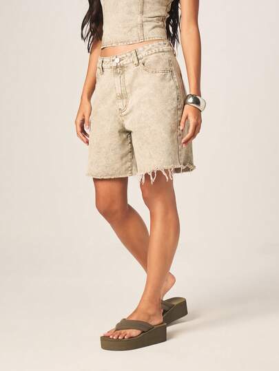 MISSGUIDED Quần short Bermuda denim rách gấu dành cho nữ, cạp thấp, kiểu dáng thường ngày, thích hợp cho mùa hè.