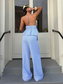 Muchica Bộ đồ nữ mùa xuân/hè mới, gợi cảm, thoải mái, họa tiết kẻ sọc, lưng chéo, vạt peplum và quần ống rộng. - Xanh và trắng - Xem 2