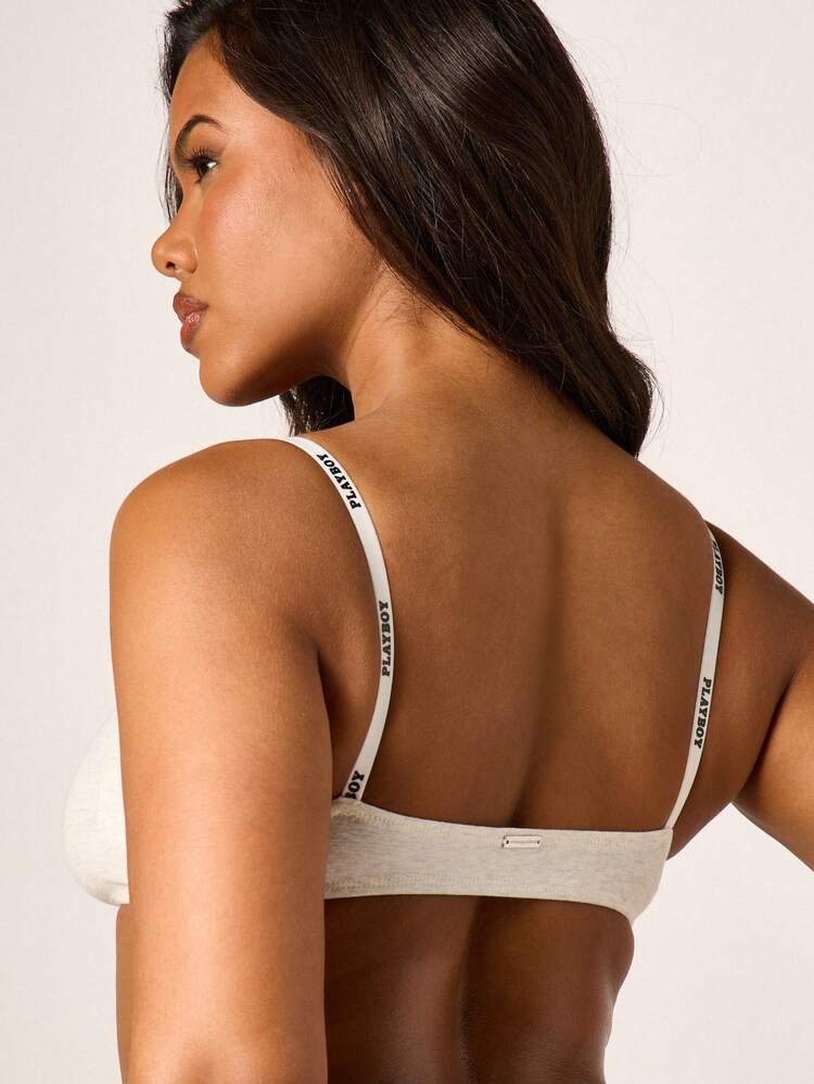 Missguided x Playboy Branded Ribbed Knit Bralette With Button Front Detail And Logo Straps Casual Cropped Top For Women