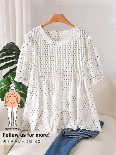 CosyJoli Plus Size Women's Summer Casual Vacation Style Polka Dot Print Puff Sleeve Loose Blouse