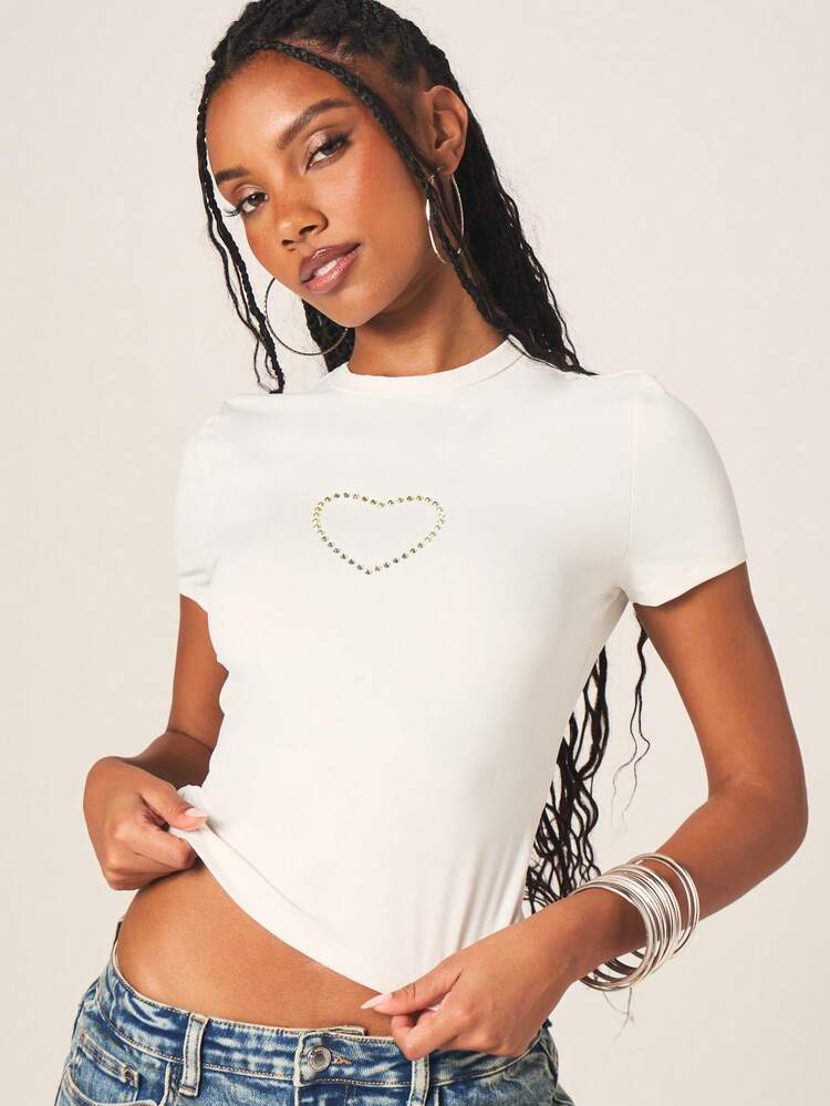 MISSGUIDED Women's Short Sleeve Crew Neck Heart Rhinestone Embellished Casual T-Shirt Top For Spring Summer