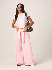 Missguided x Playboy Women's Pink Wide Leg Joggers With Drawstring Waist And Brand Logo Text For Casual Lounge Wear - Pink - View 3