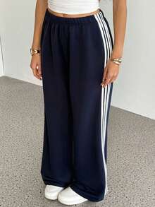 SHEIN Tall Pantalones de chándal casuales de mujer de punto azul marino, pantalones de chándal con franja lateral y parche - Azul Marino - Ver 10