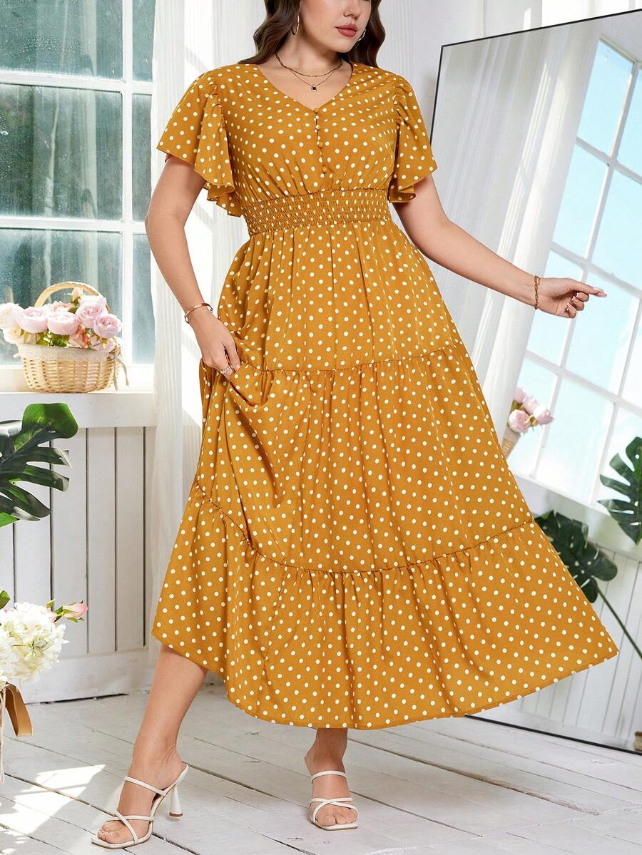 Reflora Plus Size Women's Mustard Yellow Polka Dot V-Neck Ruched Waist Elegant Party Dress,Summer Boho Vacation Holiday Beach Wedding Guest Formal Evening