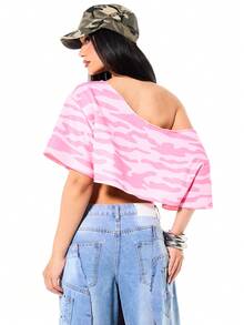 SUMWON WOMEN Women's Pink Camouflage Rhinestone Off Shoulder Crop Top With Frayed Hem And Short Sleeves Casual Summer - Pink - View 2